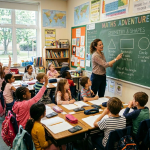 Teacher explaining photosynthesis to elementary students eager to learn